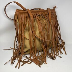 Charming Charlie Ryder Studded Fringe Purse Shoulder Bag Brown Canvas Boho